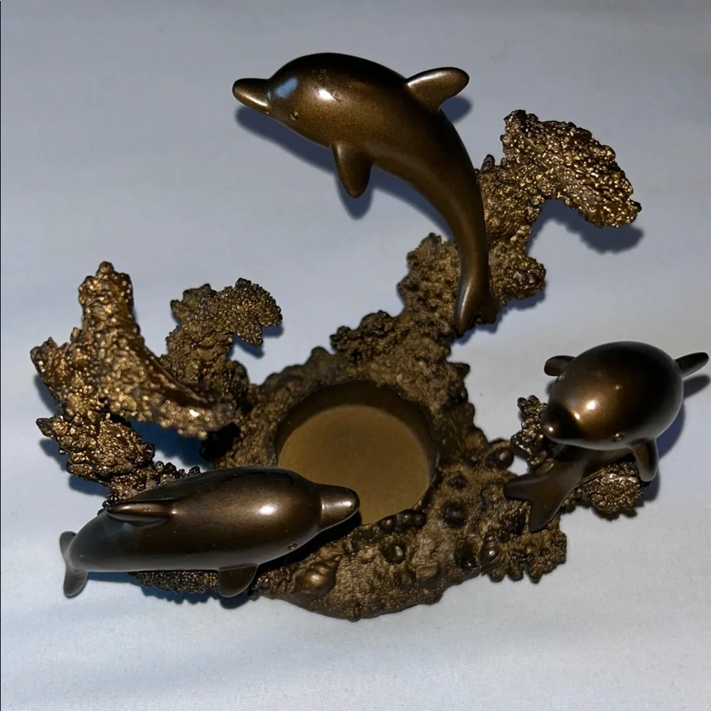 PartyLite Bronze 3 Dolphin Oil Wax Melt Scent Aroma Candle Holder (RETIRED)
